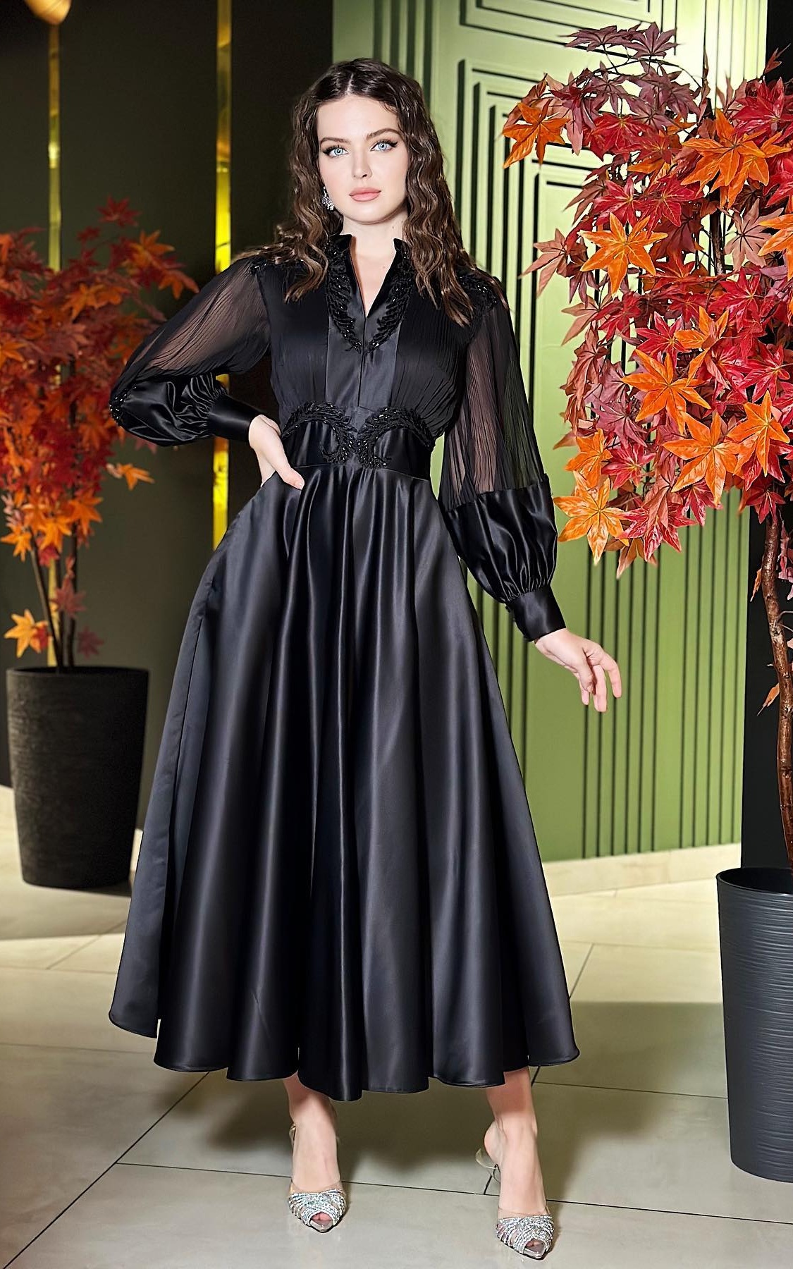 plum satin evening dress chiffon sleeves