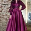 plum satin evening dress chiffon sleeves