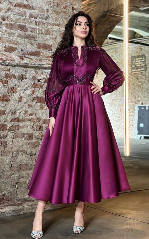 plum satin evening dress chiffon sleeves