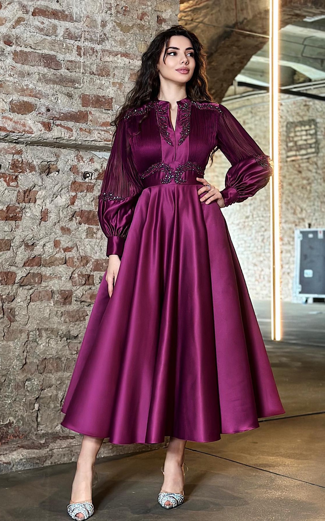 plum satin evening dress chiffon sleeves