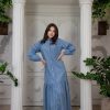 button front denim maxi dress