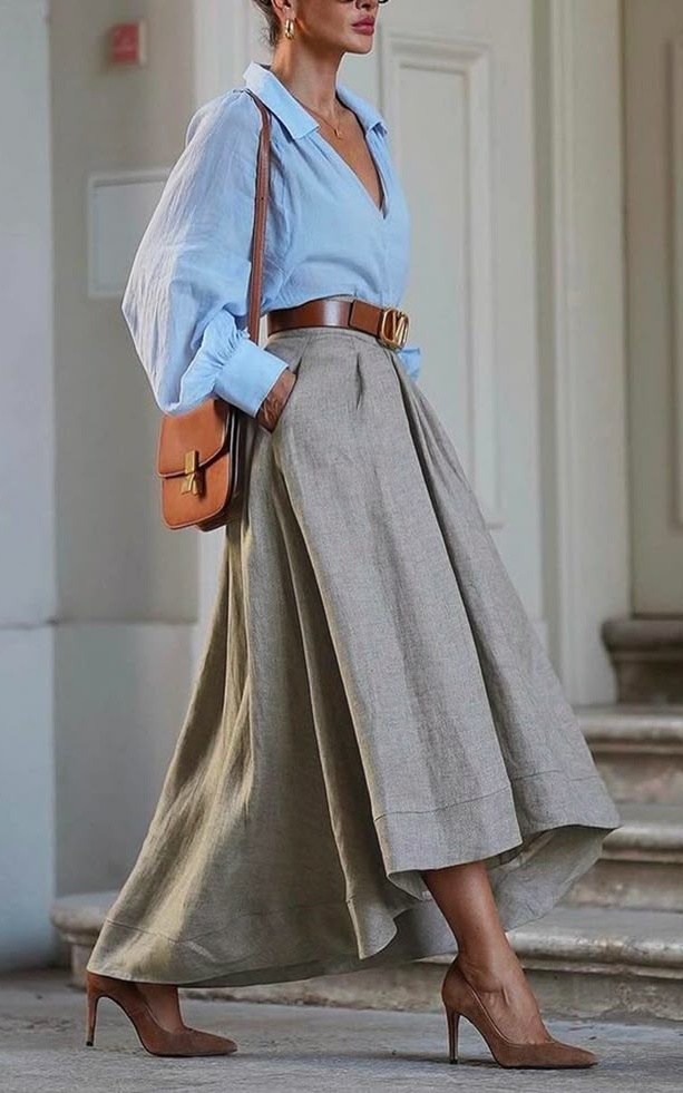 women plain summer elegant polyester high waist regular fit midi a line regular linen skirts cropped